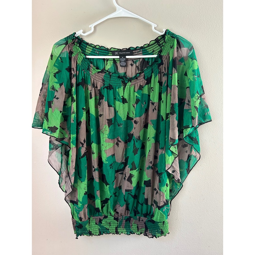 Y2K INC International Concepts Blouse Top Smocked‎ Green Brown Fairycore